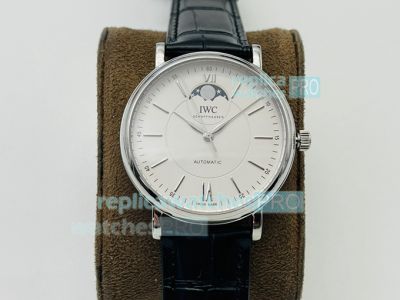 Swiss Replica IWC Portofino Moonphase Watch SS White Dial Black Leather 40MM